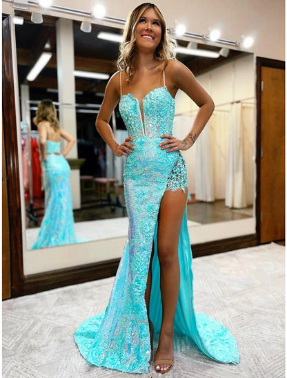 Weitese Mermaid / Trumpet Prom Dresses High Split Dress Formal Wedding Party Court Train Sleeveless V Neck Sequined with Slit Appliques