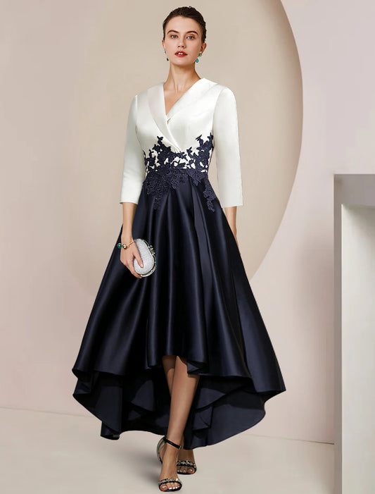 Weitese A-Line Mother of the Bride Dress Formal Wedding Guest Elegant High Low Shirt Collar Asymmetrical Tea Length Satin Lace 3/4 Length Sleeve with Appliques Color Block