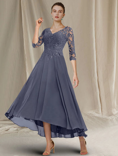 Weitese A-Line Mother of the Bride Dress Elegant Sparkle & Shine High Low V Neck Asymmetrical Tea Length Chiffon Lace Half Sleeve with Sequin Ruffles Appliques