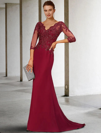 Weitese Mermaid / Trumpet Mother of the Bride Dress Luxurious Elegant V Neck Court Train Lace Stretch Chiffon 3/4 Length Sleeve with Sequin Appliques