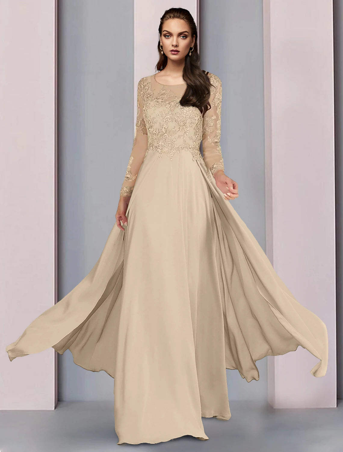 Weitese A-Line Mother of the Bride Dress Wedding Guest Party Elegant Scoop Neck Floor Length Chiffon Half Sleeve with Lace Ruching