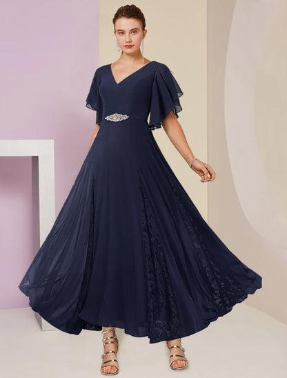 Weitese A-Line Mother of the Bride Dress Formal Wedding Guest Elegant V Neck Ankle Length Chiffon Lace Short Sleeve with Pleats Crystal Brooch