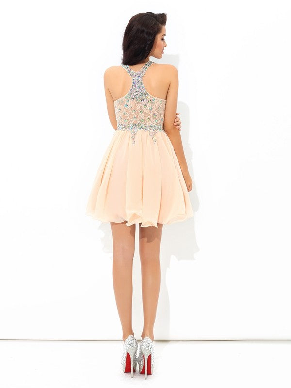 Weitese A-Line/Princess Straps Rhinestone Sleeveless Short Chiffon Cocktail Dresses