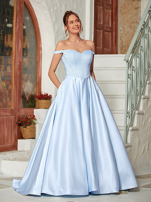 Weitese Ball Gown Satin Beading Off-the-Shoulder Sleeveless Sweep/Brush Train Dresses