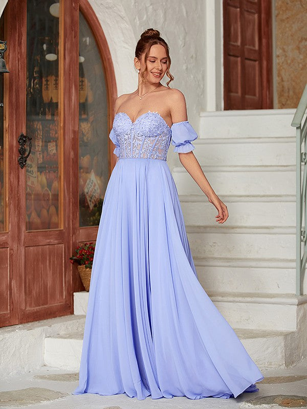 Weitese A-Line/Princess Chiffon Lace Sweetheart Short Sleeves Floor-Length Dresses