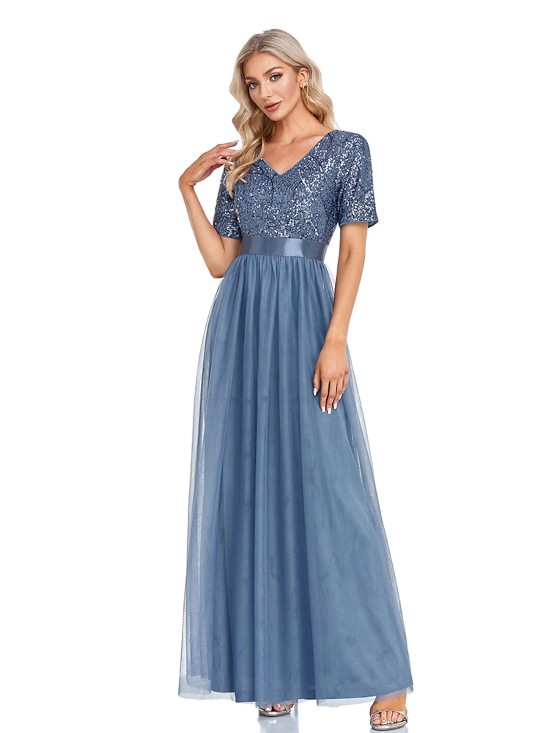 Weitese A-Line Evening Gown Sparkle & Shine Dress Wedding Guest Prom Floor Length Short Sleeve V Neck Bridesmaid Dress Tulle with Sequin Splicing