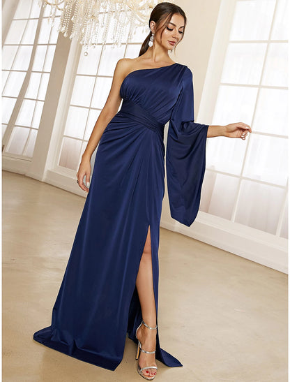 Weitese A-Line Evening Gown Elegant Dress Formal Fall Sweep / Brush Train Long Sleeve One Shoulder Stretch Fabric with Pleats Ruched Slit