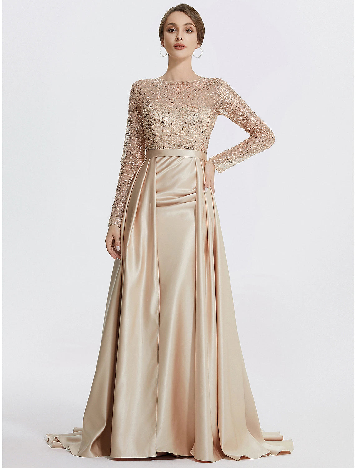 Weitese Mermaid / Trumpet Evening Gown Elegant Dress Formal Prom Floor Length Long Sleeve Jewel Neck Sequined with Glitter Sequin