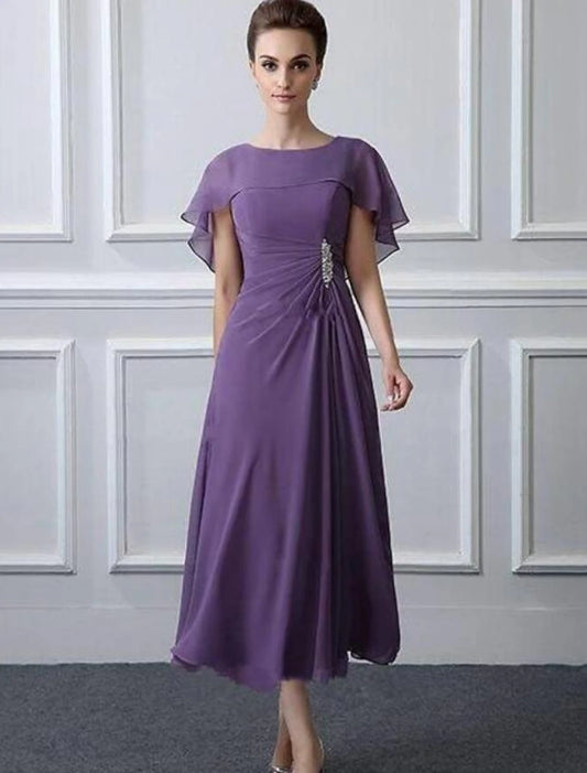 Weitese A-Line Mother of the Bride Dress Plus Size Bateau Neck Tea Length Chiffon Short Sleeve with Ruffles Crystal Brooch Ruching