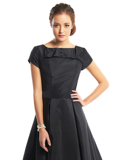 Weitese A-Line Black Dress Vintage Homecoming Wedding Guest Tea Length Short Sleeve Boat Neck Taffeta with Buttons