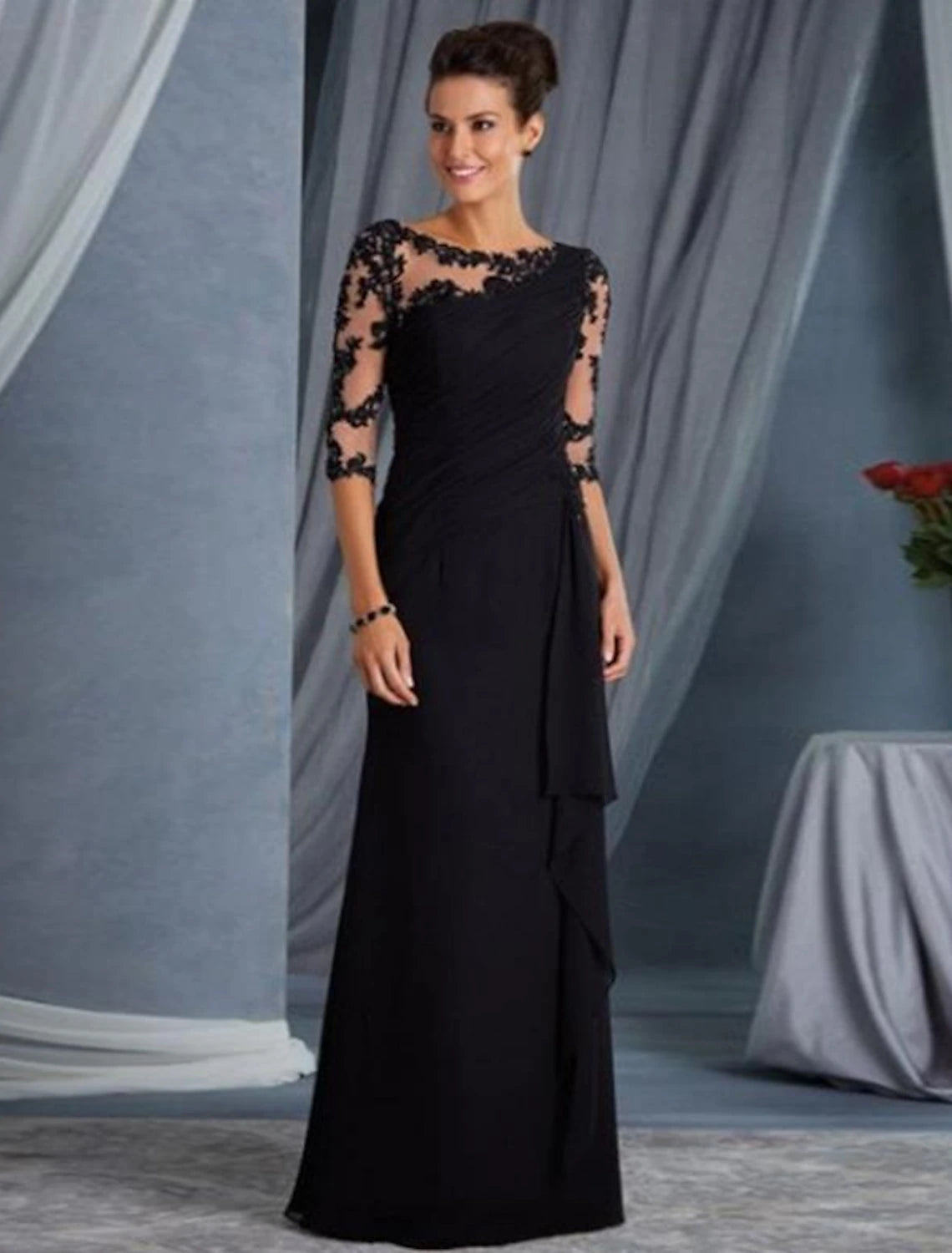 Weitese Sheath Black Dress Plus Size Evening Gown Elegant Dress Formal Evening Floor Length Half Sleeve Jewel Neck Fall Wedding Guest Lace with Appliques