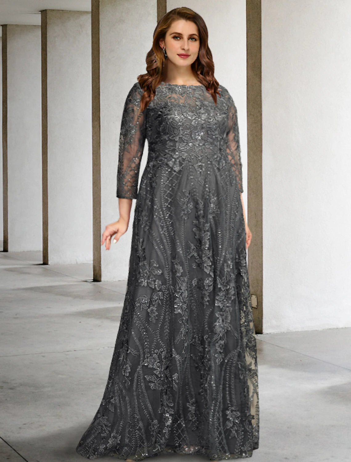 Weitese A-Line Mother of the Bride Dresses Plus Size Hide Belly Curve Elegant Dress Formal Sweep / Brush Train Long Sleeve Jewel Neck Chiffon with Appliques