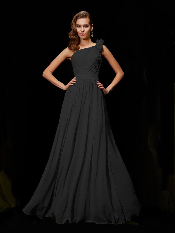 Weitese A-Line/Princess One-Shoulder Sleeveless Hand-Made Flower Long Chiffon Bridesmaid Dresses