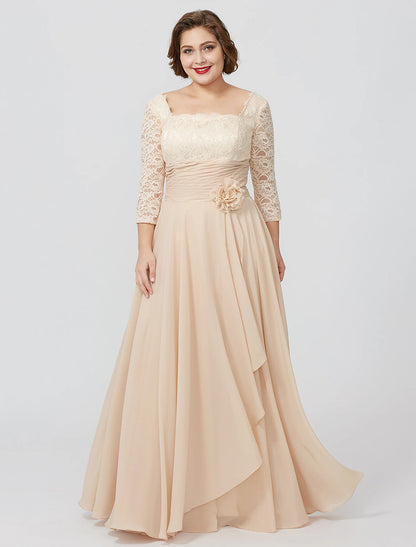 Weitese Sheath / Column Mother of the Bride Dress Formal Classic & Timeless Elegant & Luxurious Plus Size Square Neck Floor Length Chiffon Metallic Lace 3/4 Length Sleeve No with Sash / Ribbon Flower