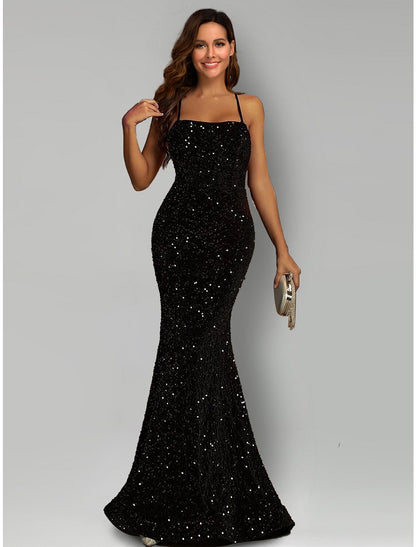 Weitese Mermaid / Trumpet Evening Gown Sparkle & Shine Dress Formal Black Tie Sweep / Brush Train Sleeveless Halter Neck Sequined with Sequin