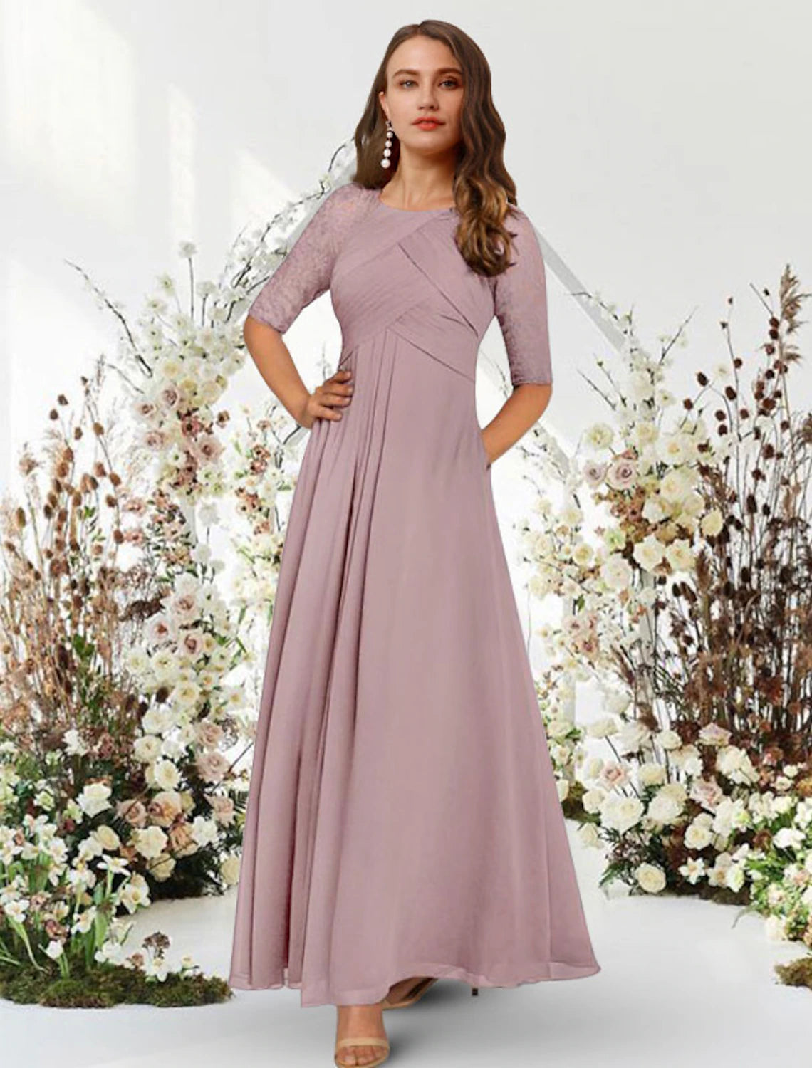 Weitese A-Line Evening Gown Elegant Dress Wedding Guest Formal Evening Floor Length Half Sleeve Jewel Neck Chiffon with Pleats Ruched