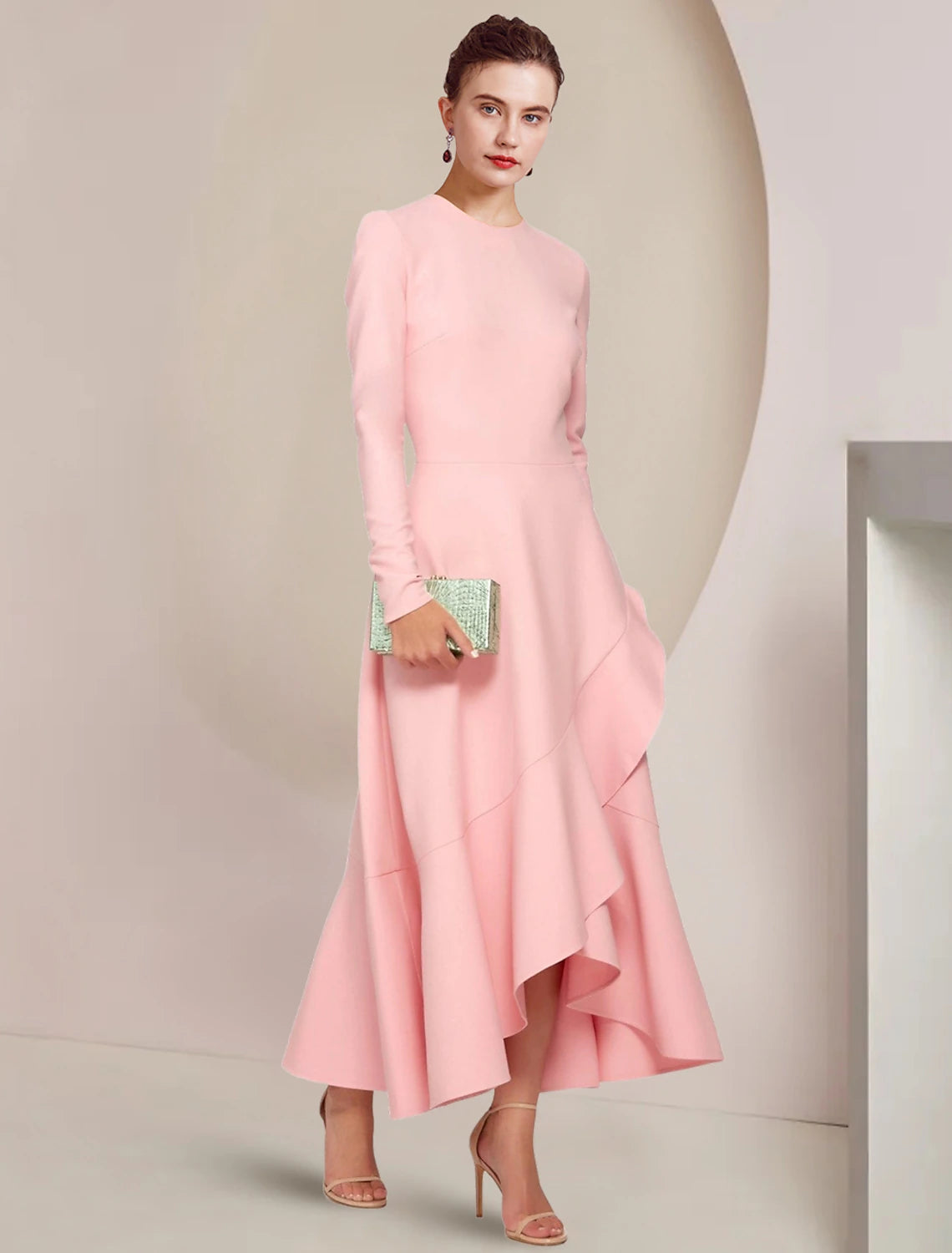 Weitese A-Line Mother of the Bride Dress Formal Wedding Guest Elegant High Low Scoop Neck Asymmetrical Ankle Length Stretch Fabric Long Sleeve with Ruffles