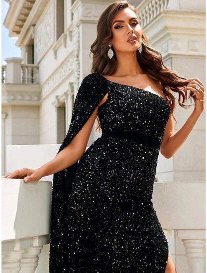 Weitese Mermaid / Trumpet Evening Gown Black Elegant Dress Formal Ankle Length Sleeveless One Shoulder Sequined with Glitter Slit