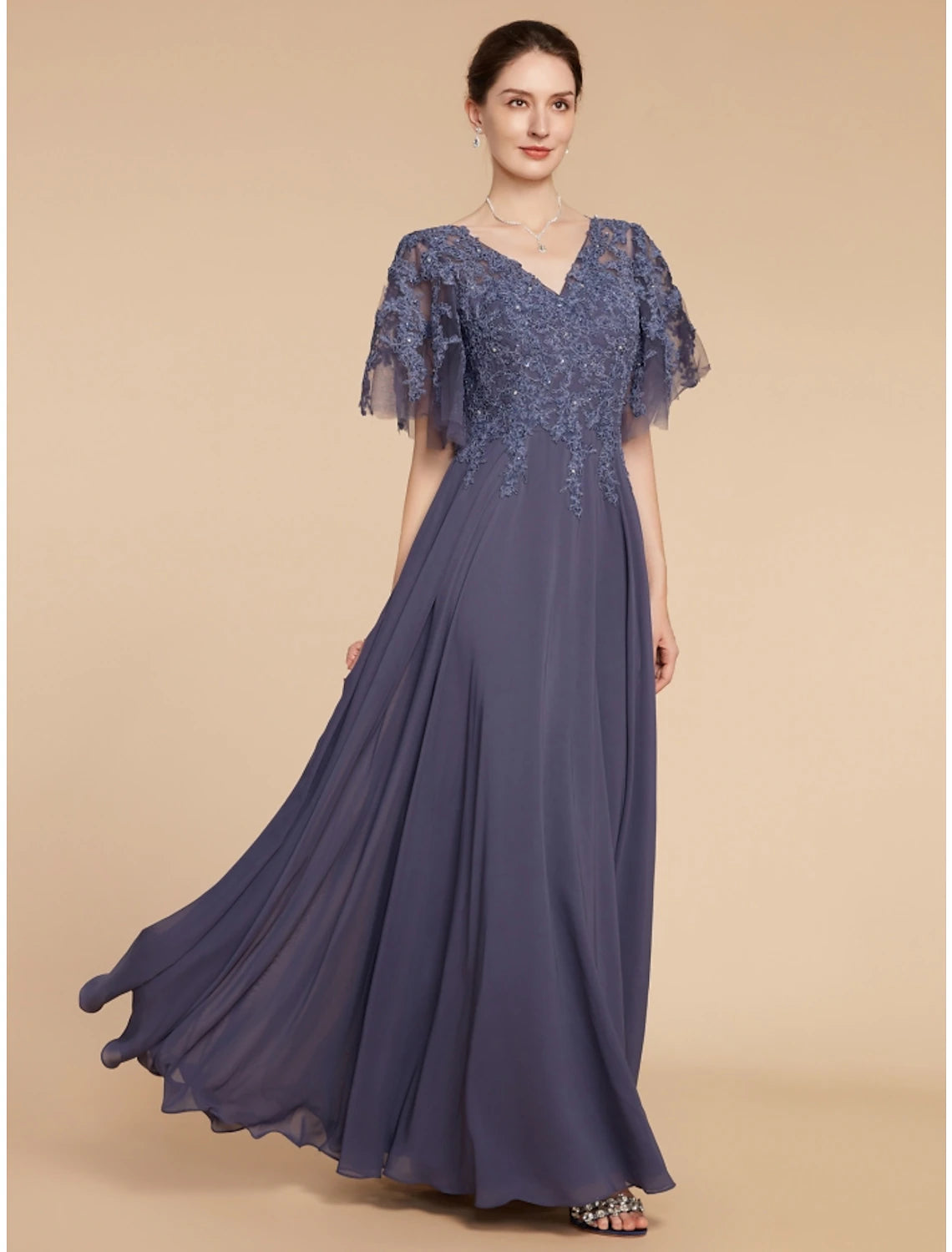 Weitese A-Line Mother of the Bride Dress Wedding Guest Elegant V Neck Floor Length Chiffon Lace Short Sleeve with Sequin Ruching Solid Color