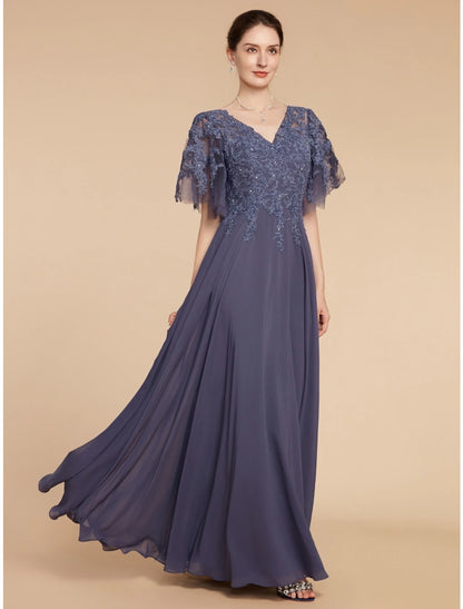 Weitese A-Line Mother of the Bride Dress Wedding Guest Elegant V Neck Floor Length Chiffon Lace Short Sleeve with Sequin Ruching Solid Color