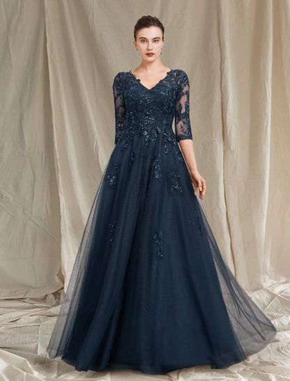 Weitese A-Line Mother of the Bride Dress Luxurious Elegant V Neck Floor Length Chiffon Lace Tulle Half Sleeve with Sequin Appliques