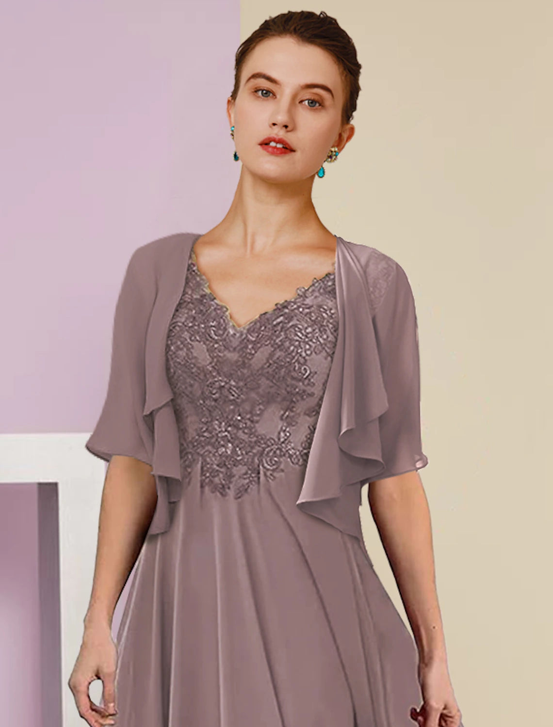 Weitese Two Piece A-Line Mother of the Bride Dress Formal Wedding Guest Elegant V Neck Tea Length Chiffon Lace Short Sleeve Jacket Dresses with Pleats Appliques