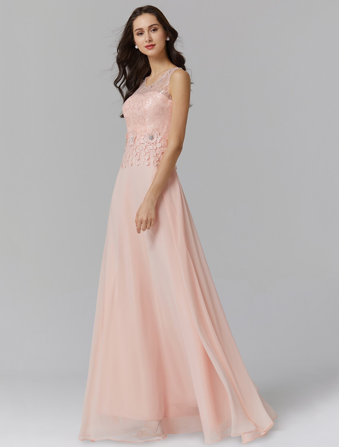 Weitese A-Line Empire Dress Valentine's Day Wedding Guest Floor Length Sleeveless Illusion Neck Bridesmaid Dress Chiffon with Beading Appliques