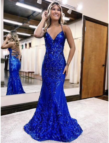 Weitese Mermaid / Trumpet Prom Dresses Sparkle & Shine Dress Formal Wedding Party Sweep / Brush Train Sleeveless V Neck Sequined Backless with Glitter Sequin