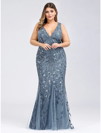 Weitese Mermaid / Trumpet Plus Size Sexy Prom Formal Evening Dress V Neck Sleeveless Floor Length Tulle with Appliques