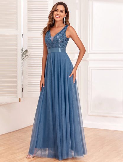 Weitese A-Line Evening Gown Elegant Dress Evening Party Prom Floor Length Sleeveless V Neck Belt / Sash Tulle V Back with Glitter Embroidery