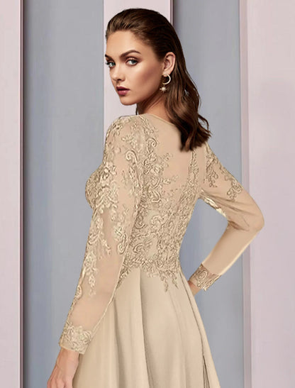 Weitese A-Line Mother of the Bride Dress Wedding Guest Party Elegant Scoop Neck Floor Length Chiffon Half Sleeve with Lace Ruching