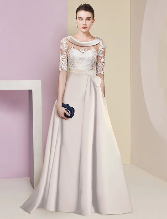 Weitese A-Line Mother of the Bride Dress Formal Elegant Scoop Neck Floor Length Satin Lace Half Sleeve with Appliques