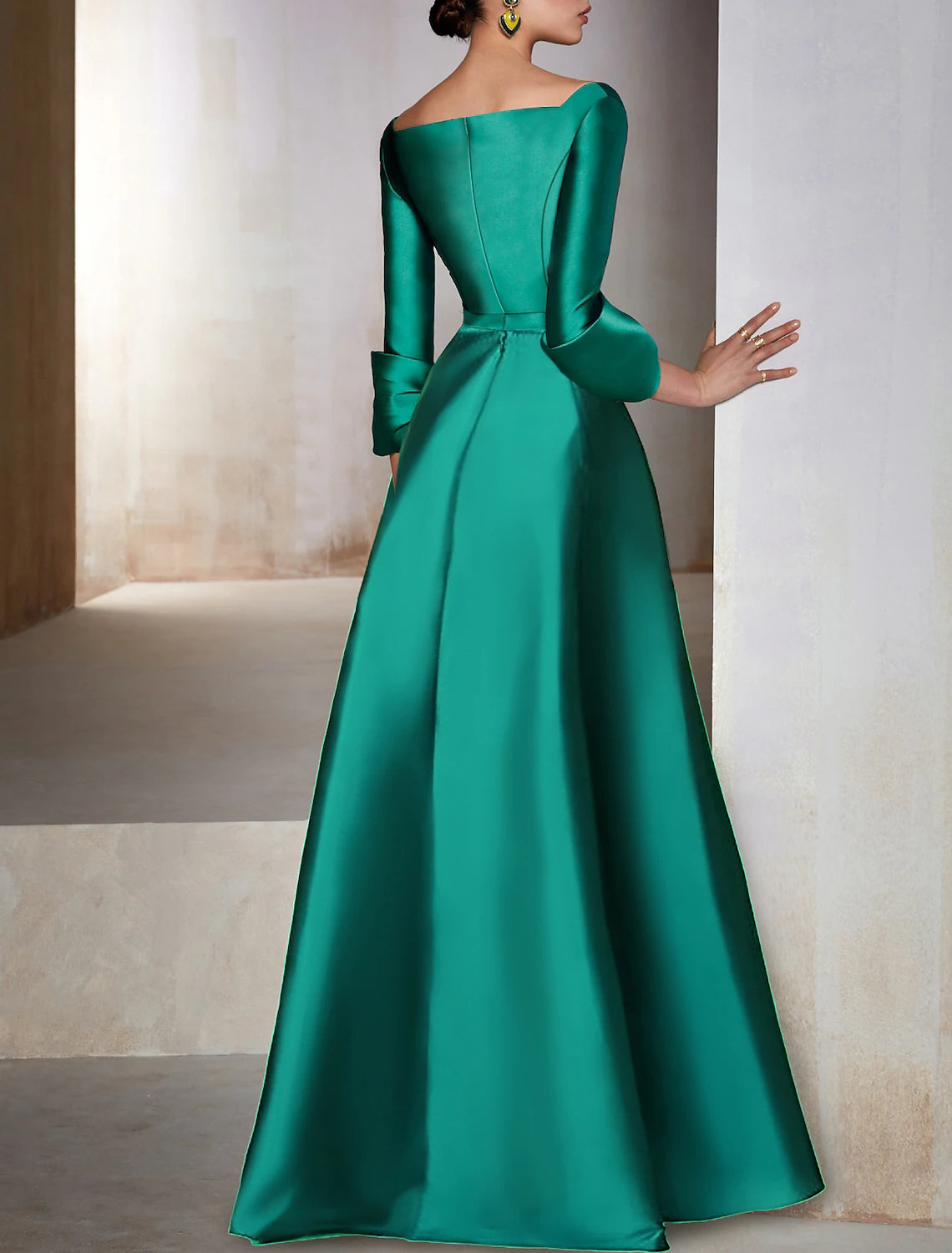 A-Line Evening Gown Elegant Dress Formal Cocktail Party Floor Length Long Sleeve V Neck Wedding Guest Satin