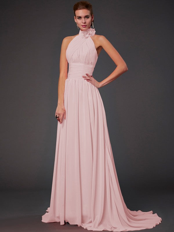 Weitese A-Line/Princess Halter Sleeveless Hand-Made Flower Long Chiffon Bridesmaid Dresses