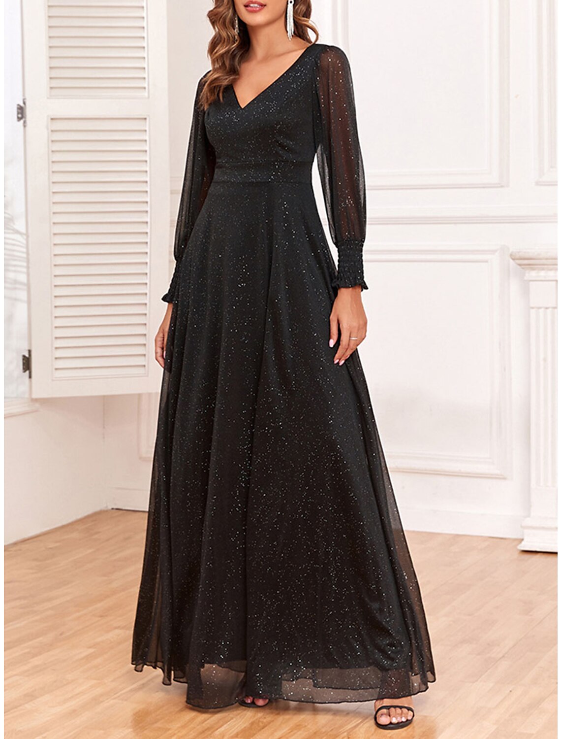 Weitese Women's Black Dress Prom Dress Party Dress Long Dress Maxi Dress Black Long Sleeve Dot Sparkly Spring Fall Winter V Neck Fashion Winter Dress Wedding Guest Evening Party