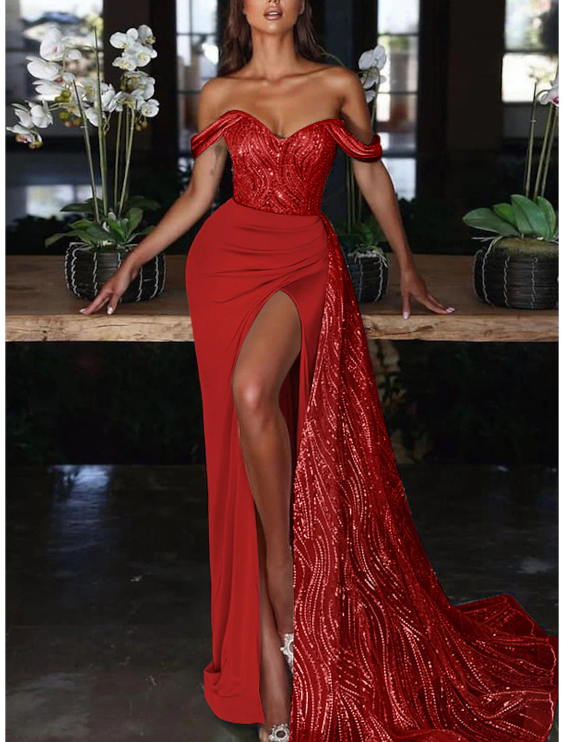 Mermaid Dress Evening Gown Red Green Dress Dress Formal Wedding Guest Court Train Sleeveless Off Shoulder Charmeuse with Ruched Sequin