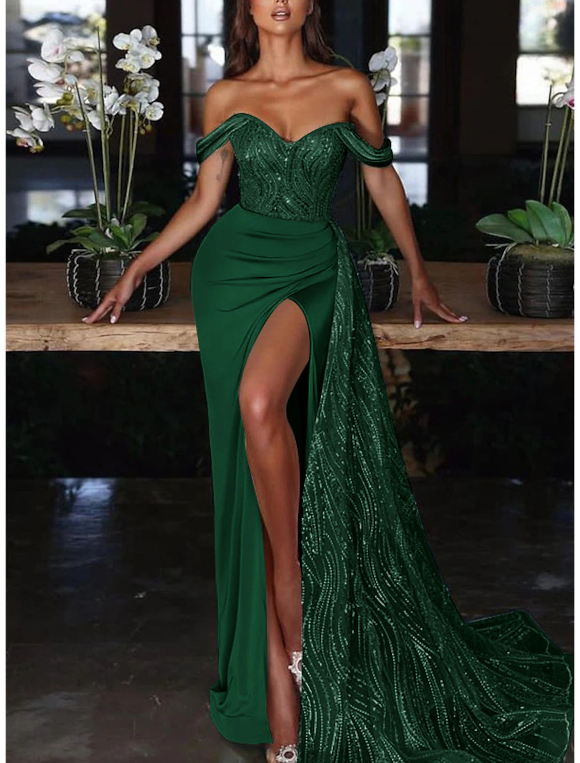 Mermaid Dress Evening Gown Red Green Dress Dress Formal Wedding Guest Court Train Sleeveless Off Shoulder Charmeuse with Ruched Sequin