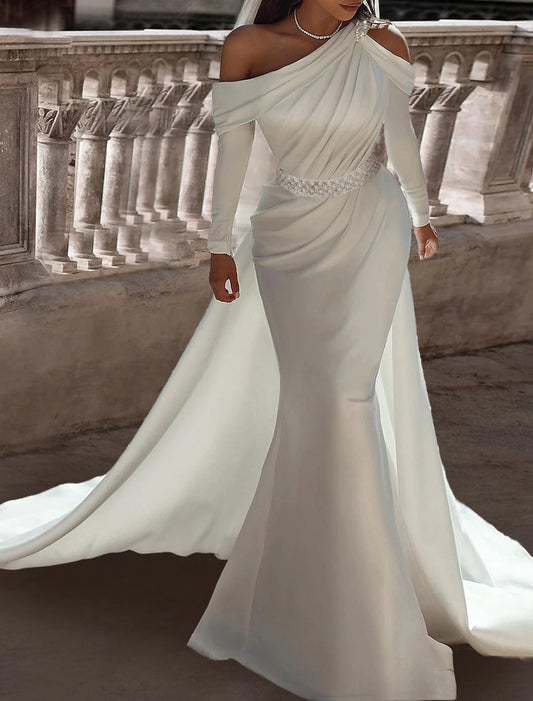 Formal Wedding Dresses Two Piece One Shoulder Long Sleeve Floor Length Satin Bridal Gowns