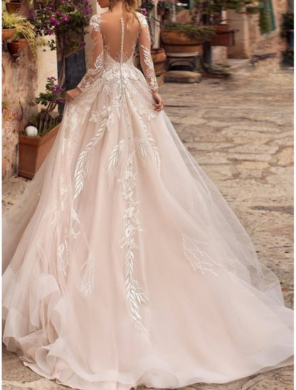 Formal Wedding Dresses A-Line V Neck Long Sleeve Court Train Tulle Bridal Gowns