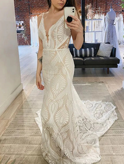 Beach Vintage Open Back Wedding Dresses Mermaid / Trumpet Camisole V Neck Sleeveless Sweep / Brush Train Chiffon Bridal Gowns