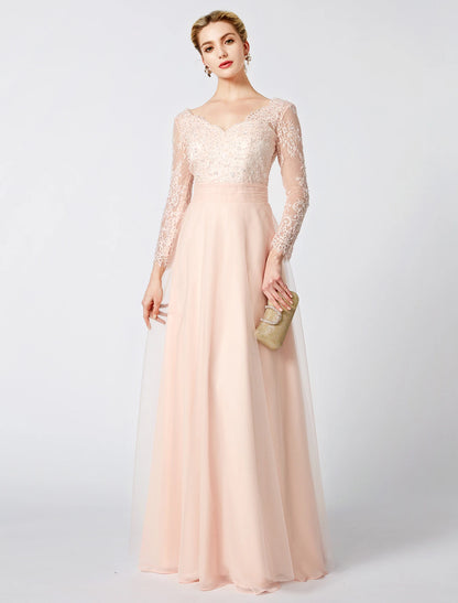 Weitese Ball Gown Pastel Colors Dress Holiday Cocktail Party Floor Length Long Sleeve V Neck Tulle Low Back with Beading Appliques