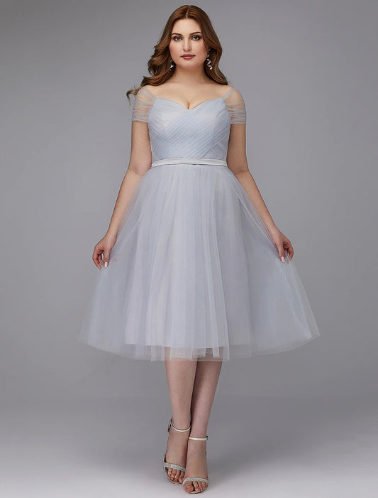 Weitese A-Line Elegant Dress Wedding Guest Cocktail Party Tea Length Short Sleeve Off Shoulder Tulle with Sash / Ribbon Criss Cross