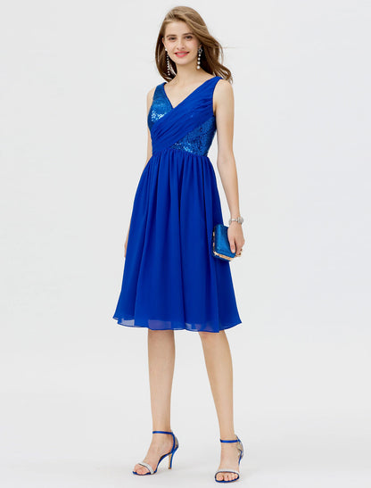 Weitese A-Line Cute Dress Cocktail Party Formal Evening Short / Mini Sleeveless V Neck Chiffon with Sequin Side Draping