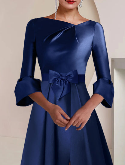 Weitese A-Line Mother of the Bride Dress Formal Wedding Guest Party Elegant Bateau Neck Tea Length Satin 3/4 Length Sleeve with Bow(s) Split Front