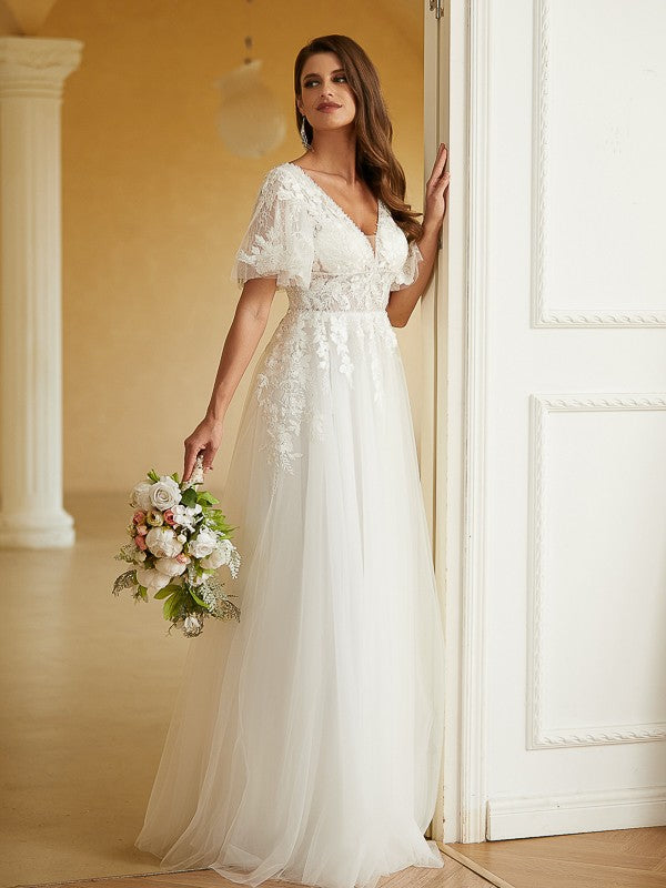 Weitese A-Line/Princess Tulle Lace V-neck Short Sleeves Floor-Length Wedding Dresses