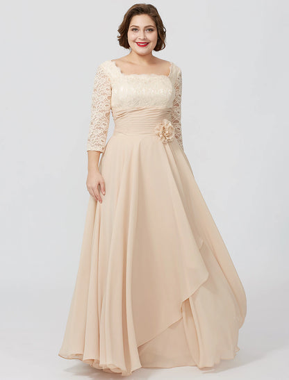 Weitese Sheath / Column Mother of the Bride Dress Formal Classic & Timeless Elegant & Luxurious Plus Size Square Neck Floor Length Chiffon Metallic Lace 3/4 Length Sleeve No with Sash / Ribbon Flower