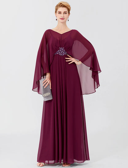 Weitese Sheath / Column Mother of the Bride Dress Formal Classic & Timeless Elegant & Luxurious Elegant V Neck Floor Length Chiffon Long Sleeve with Pleats Beading