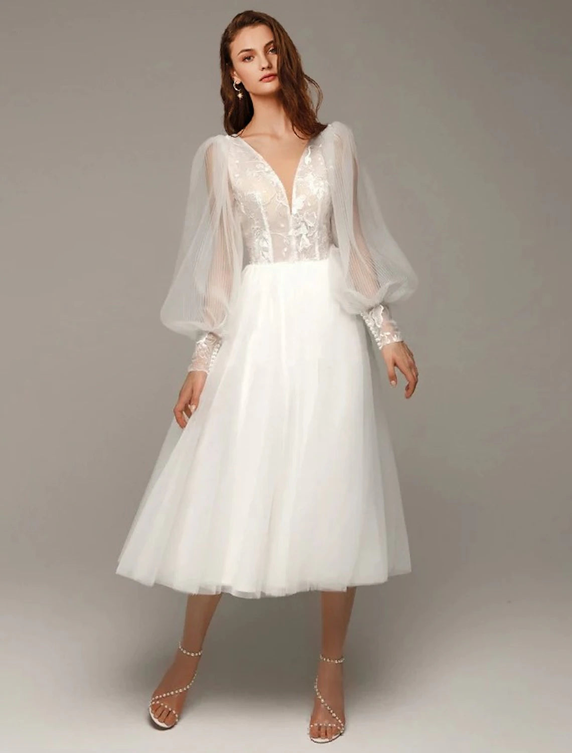 Weitese Hall Vintage Little White Dresses Wedding Dresses A-Line V Neck Long Sleeve Tea Length Satin Bridal Gowns With Appliques Solid Color