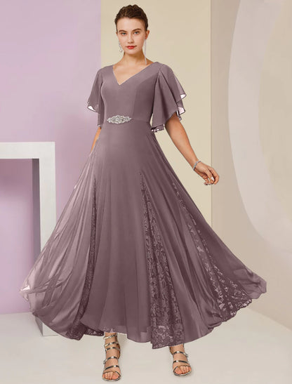 Weitese A-Line Mother of the Bride Dress Formal Wedding Guest Elegant V Neck Ankle Length Chiffon Lace Short Sleeve with Pleats Crystal Brooch