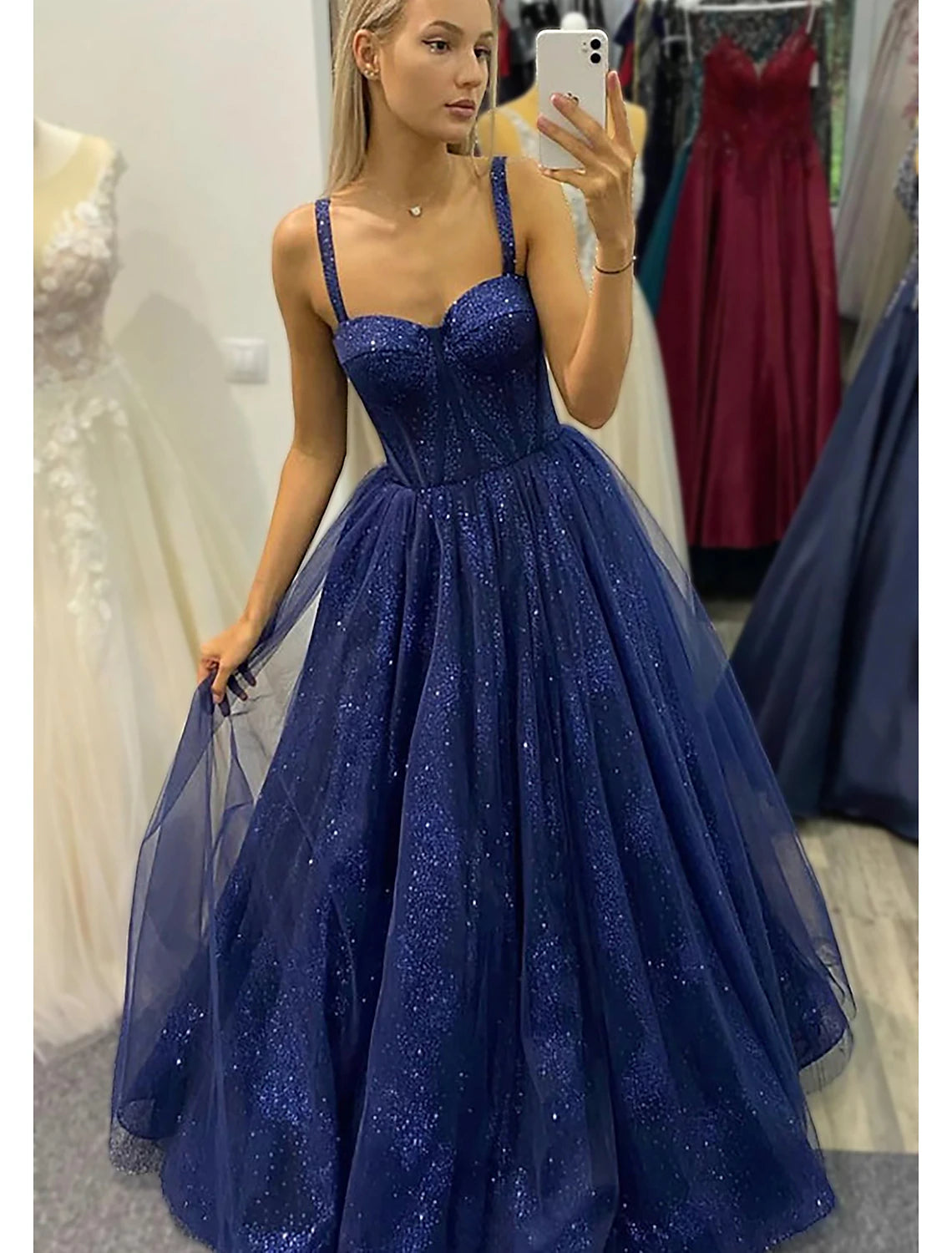 Weitese Ball Gown A-Line Prom Dresses Sparkle & Shine Dress Formal Prom Floor Length Sleeveless Sweetheart Tulle Backless with Glitter Pleats